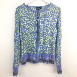 Icelandic Designs Blue Green Scroll Floral Design Cotton Knit Vintage Cardigan